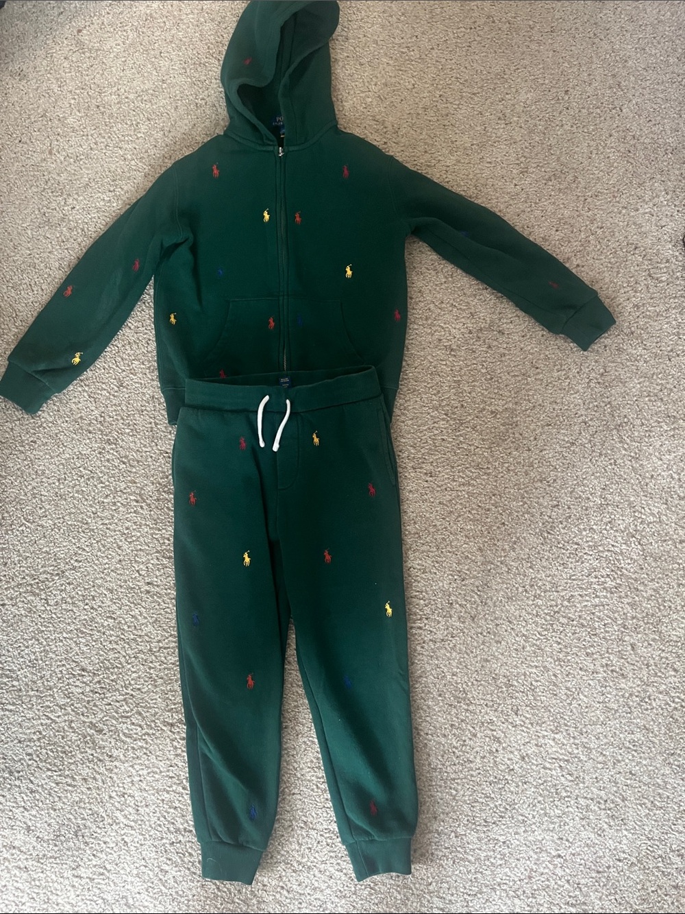 Ralph Lauren Dark Green Hoodie & Jogger Set with Multicolor Polo Embroidery